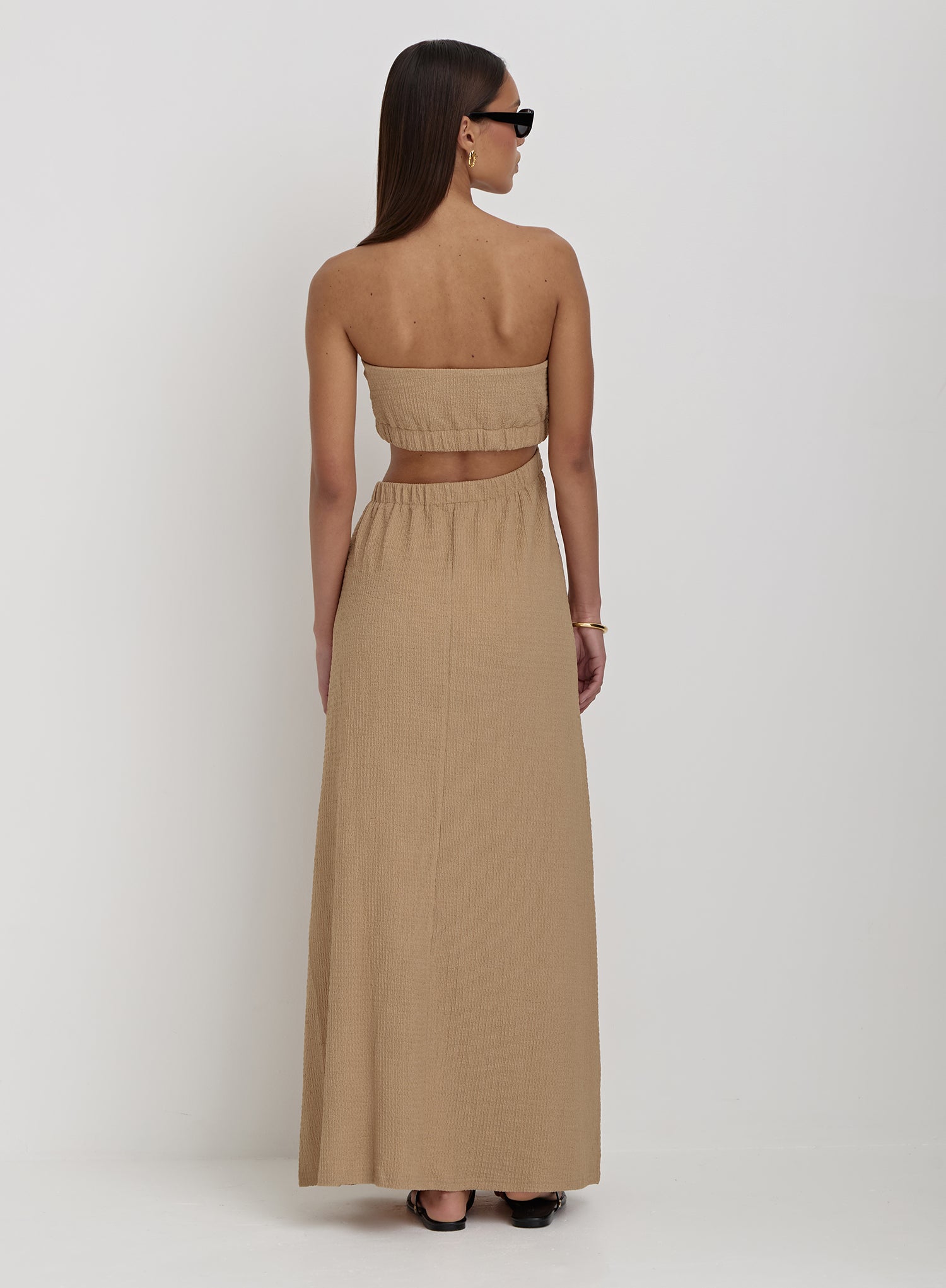 Camel Textured Cut Out Bandeau Maxi Dress